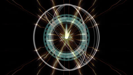 animación de formas abstractas que giran sobre un reloj de neón y rastros de luz en fondo negro
