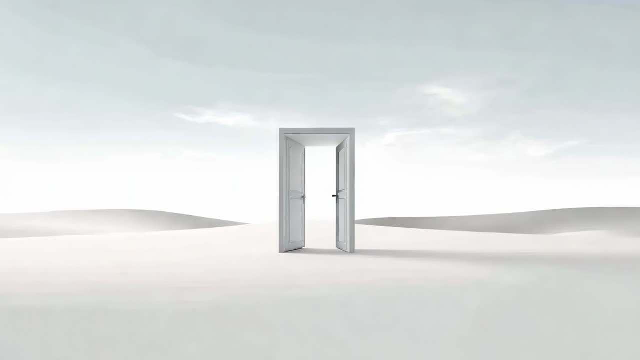 A surreal video concept with a lone door in a vast desert landscape