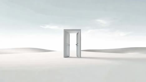 a surreal video concept with a lone door in a vast desert landscape