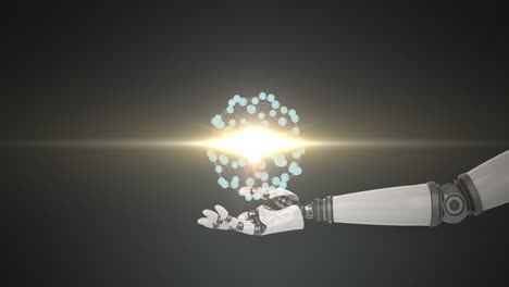 animación de una red de iconos conectados sobre la mano del brazo del robot sobre un fondo oscuro