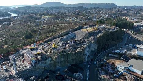 Sotra-Link-construction-work-for-new-bridge-Bergen-to-island-Sotra,-Norway-Aerial