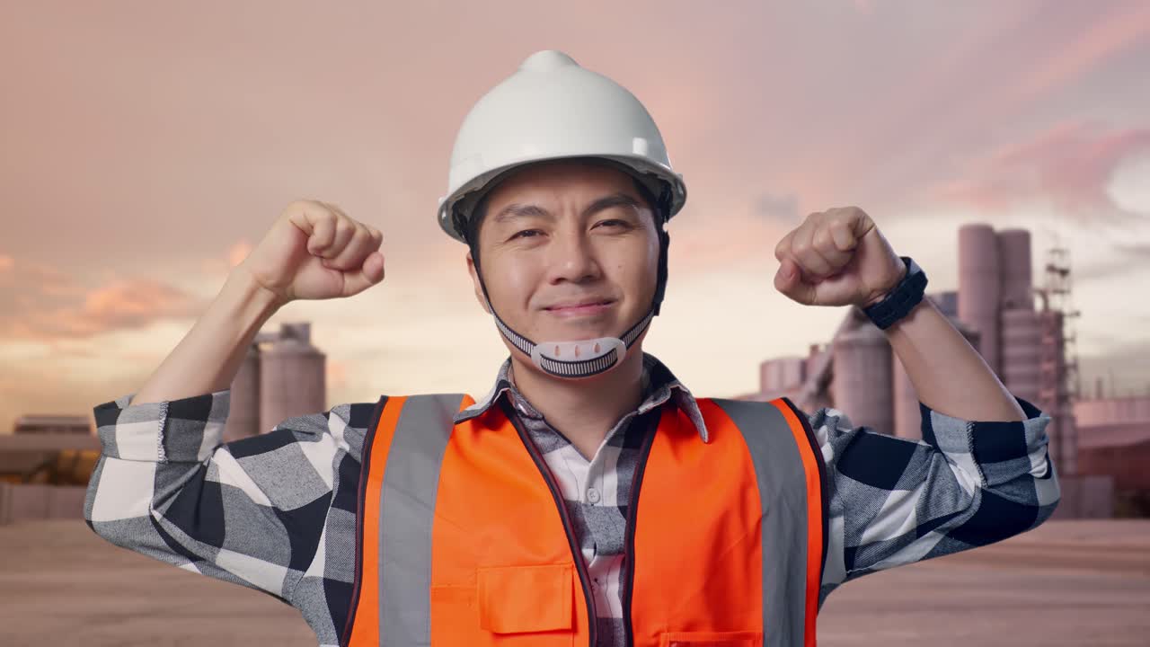 Close Up Of Asian Male Engineer With Safety Helmet Flexing His Bicep And Smiling To Camera While Standing at Industrial Cement Plant with Mixer Trucks at Sunset