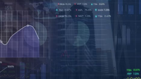 Animation-Der-Statistik--Und-Börsendatenverarbeitung-Vor-Dem-Hintergrund-Hoher-Gebäude