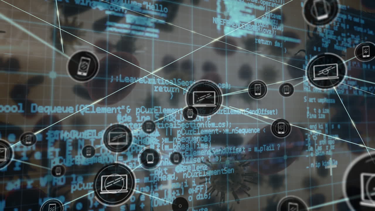 red de iconos digitales y procesamiento de datos contra células y vasos sanguíneos de covid-19