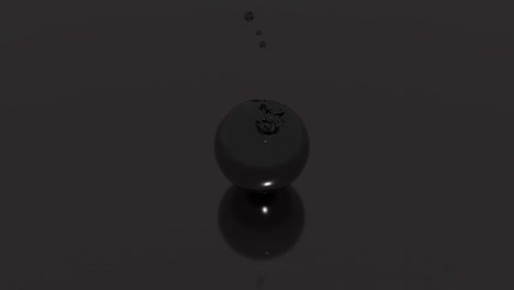 black drops falling on liquid dark sphere on grey background, seamless loop. design. sticky substance in a round shape absorbing falling drops