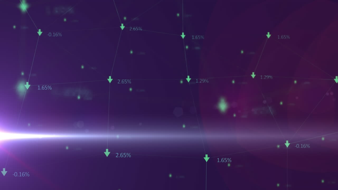 Animation of network of connections with numbers over light trails on purple background