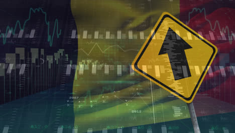 animación del procesamiento de datos financieros sobre la señal de tráfico y la bandera de bélgica