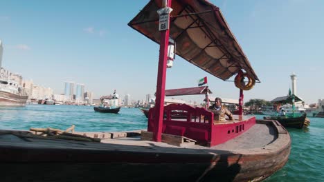 Boat-Taxi,-Traditional-Wooden-Boats,-Abras-At-Dubai-Creek