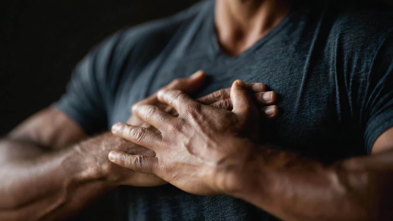 An Intimate Moment of Self-Connection: A Man With Muscular Arms Embraces His Body, Symbolizing Strength and Inner Peace in a Serene Environment