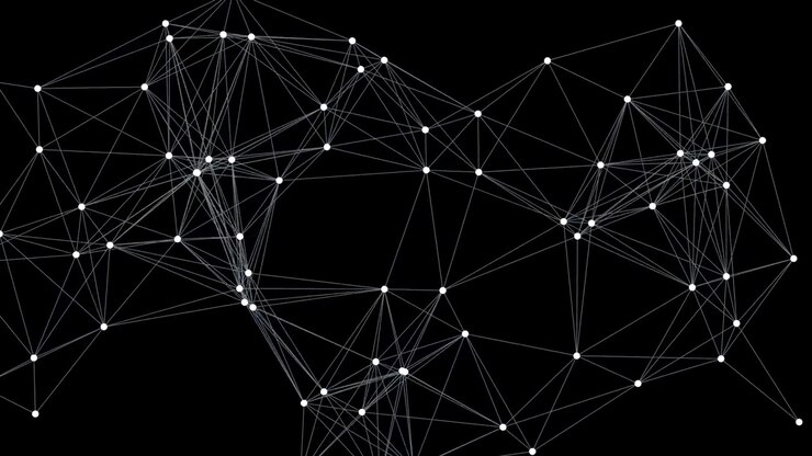 Nodi di connessione di rete astratti in movimento su sfondo nero