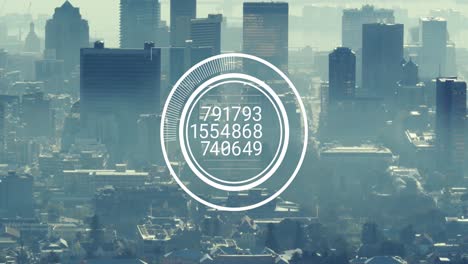 Animation of changing numbers over round scanner against aerial view of cityscape