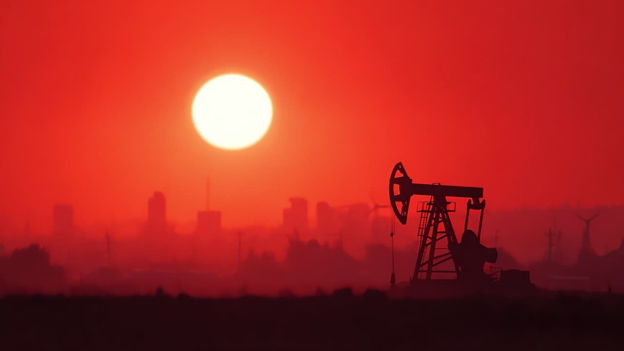 Majestætisk solnedgang over silhuetten af en oliepumperig: En slående kontrast mellem natur og industri, der understreger harmonien og spændingen i vores moderne verden