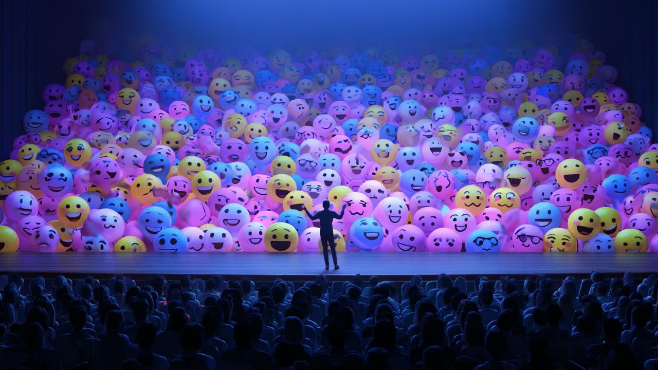 A Vibrant Scene of Joy and Expression: An Enthusiastic Performer Engaging with an Ocean of Colorful Emoji Balloons on Stage, Capturing the Essence of Happiness and Connection with the Audience