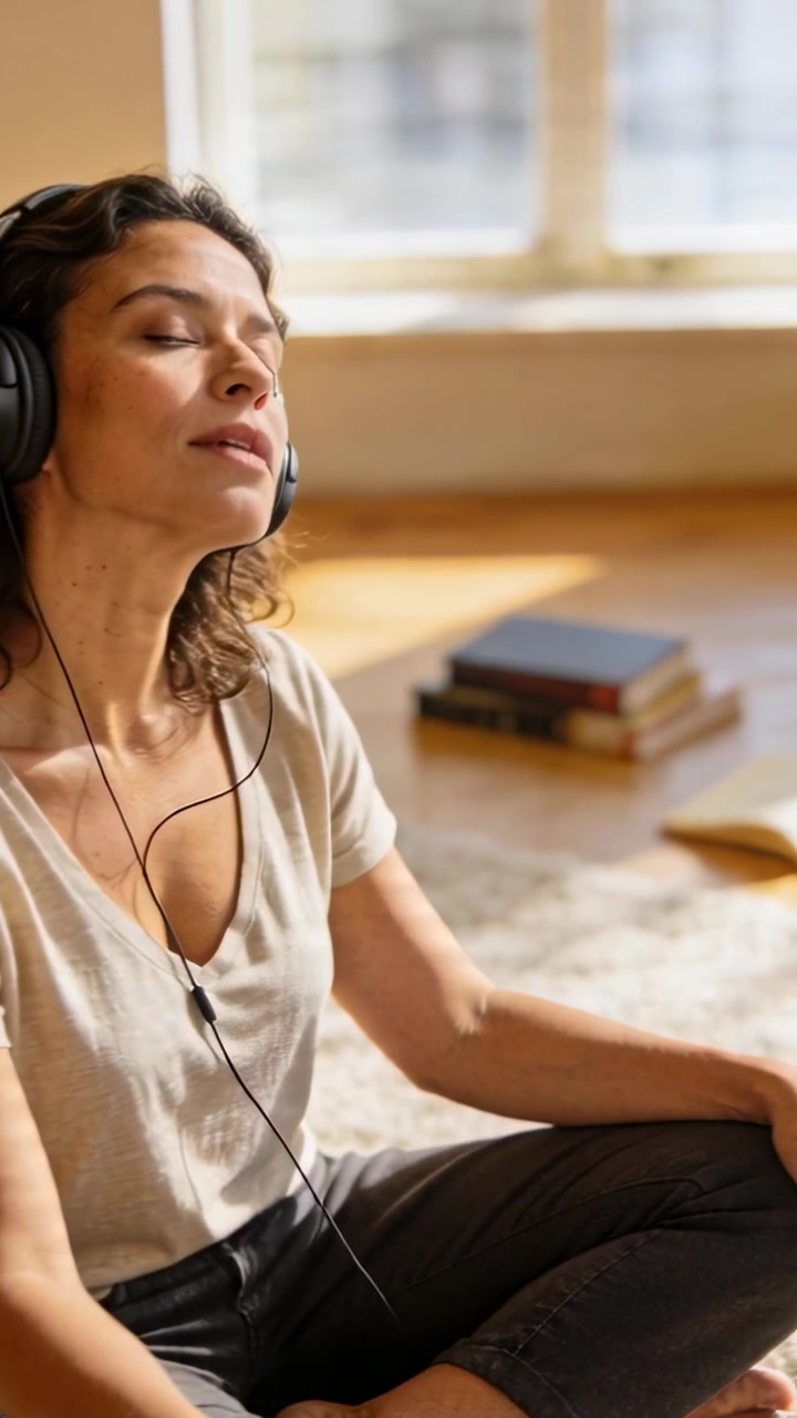 Vídeo vertical: Mulher sentada com fones de ouvido ouvindo música, fechando os olhos, respirando e relaxando perto da janela