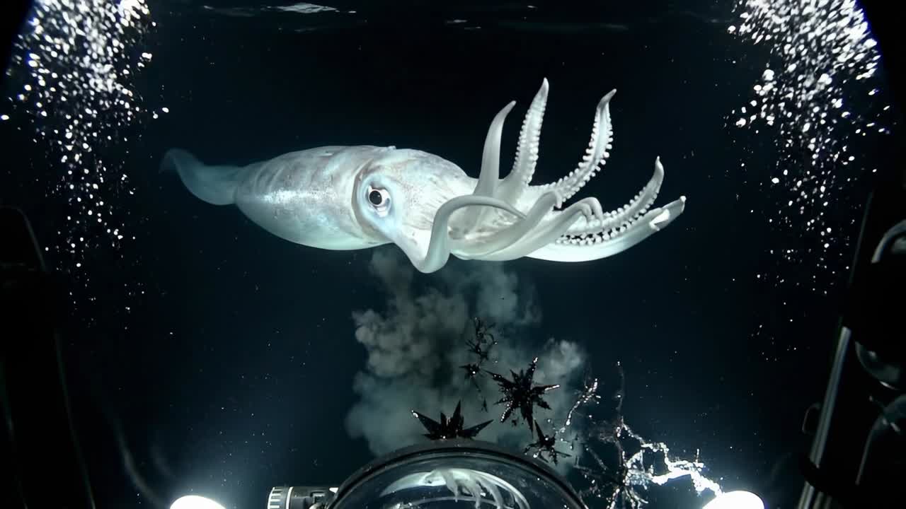 Calmar géant libérant un nuage d'encre dans l'océan abyssal