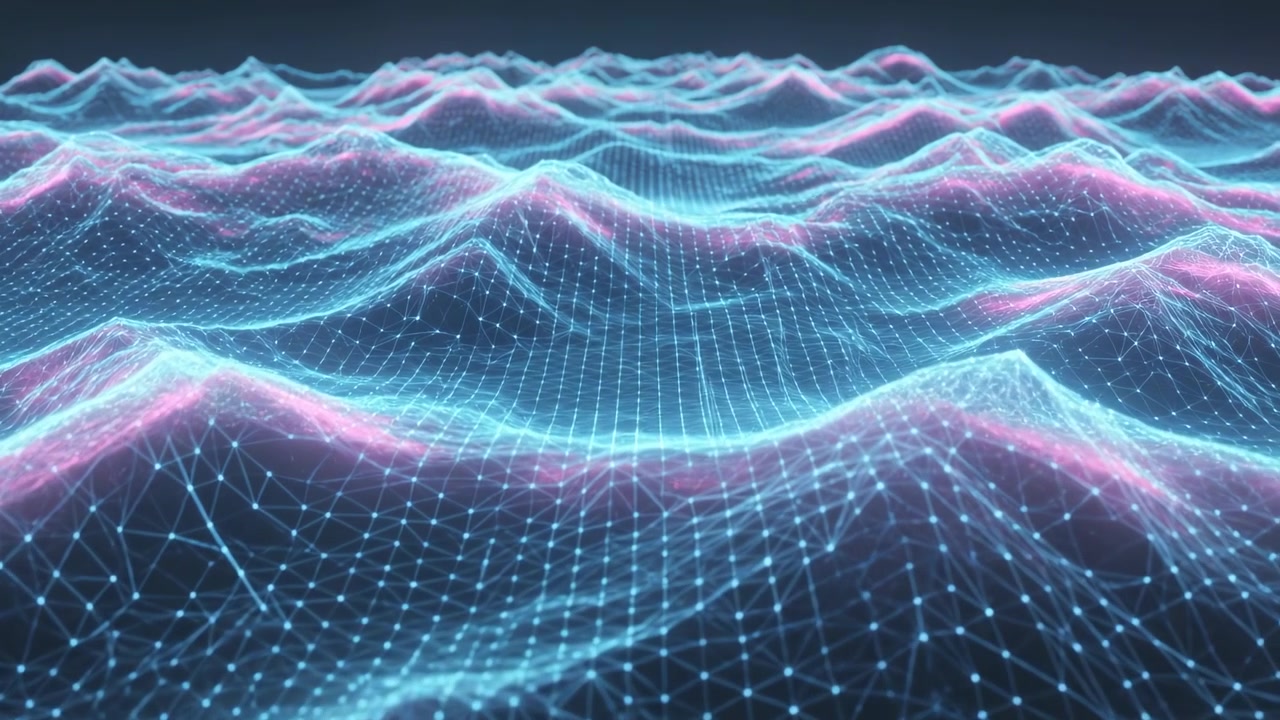 Advancing low camera revealing waving mesh in dark void to show depth, with magenta crests