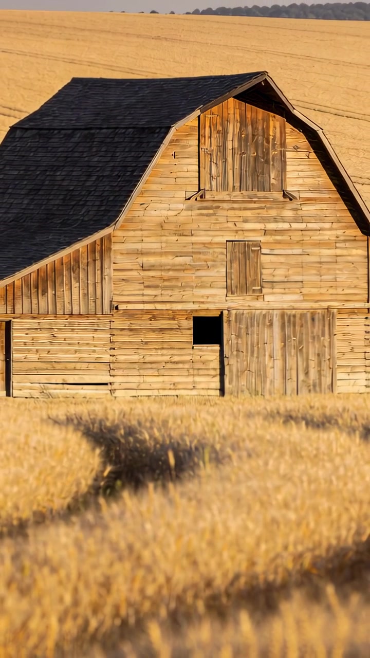 Vertical video: Tilting camera revealing barn roofline and horizon on farm, swaying wheat and track