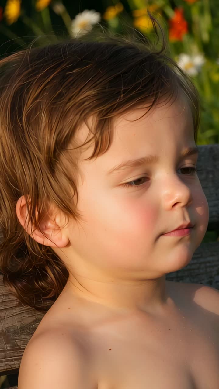 Vertical video: Sun coaxing shirtless child closing eyes, lowering gaze on garden bench with blooms