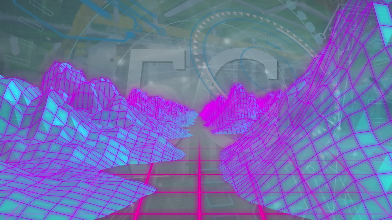 animación de patrón de montaña y cuadrícula con texto 5g y patrones abstractos contra la estructura construida