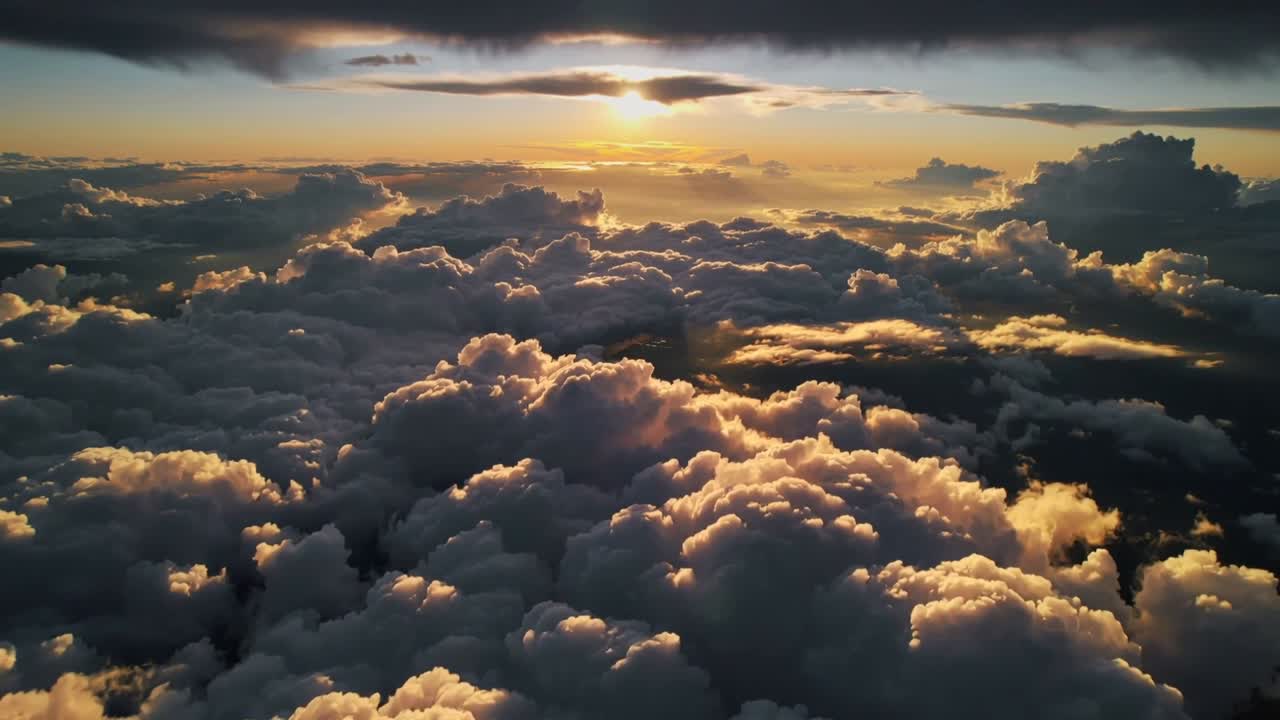 Drone avançando e inclinando sobre a camada de nuvens, revelando uma iluminação dourada de contorno para uso em design meteorológico.