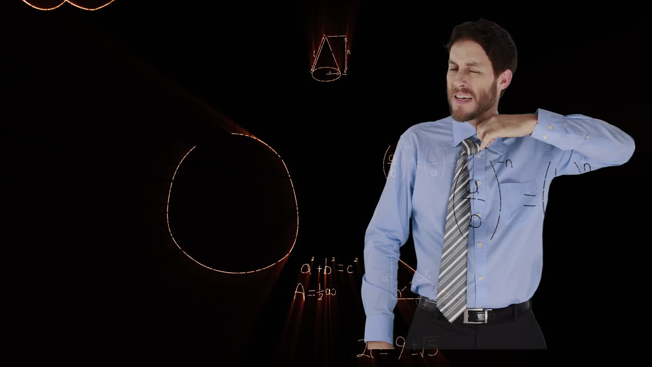 데이터 처리 및 수학 방정식의 애니메이션 남성 교사