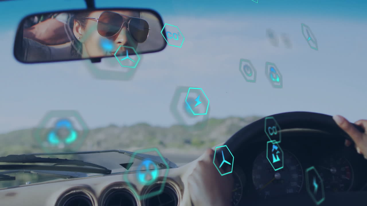 Female driver navigating dashboard, overlaying automotive AR hexagonal icons on clear road scene