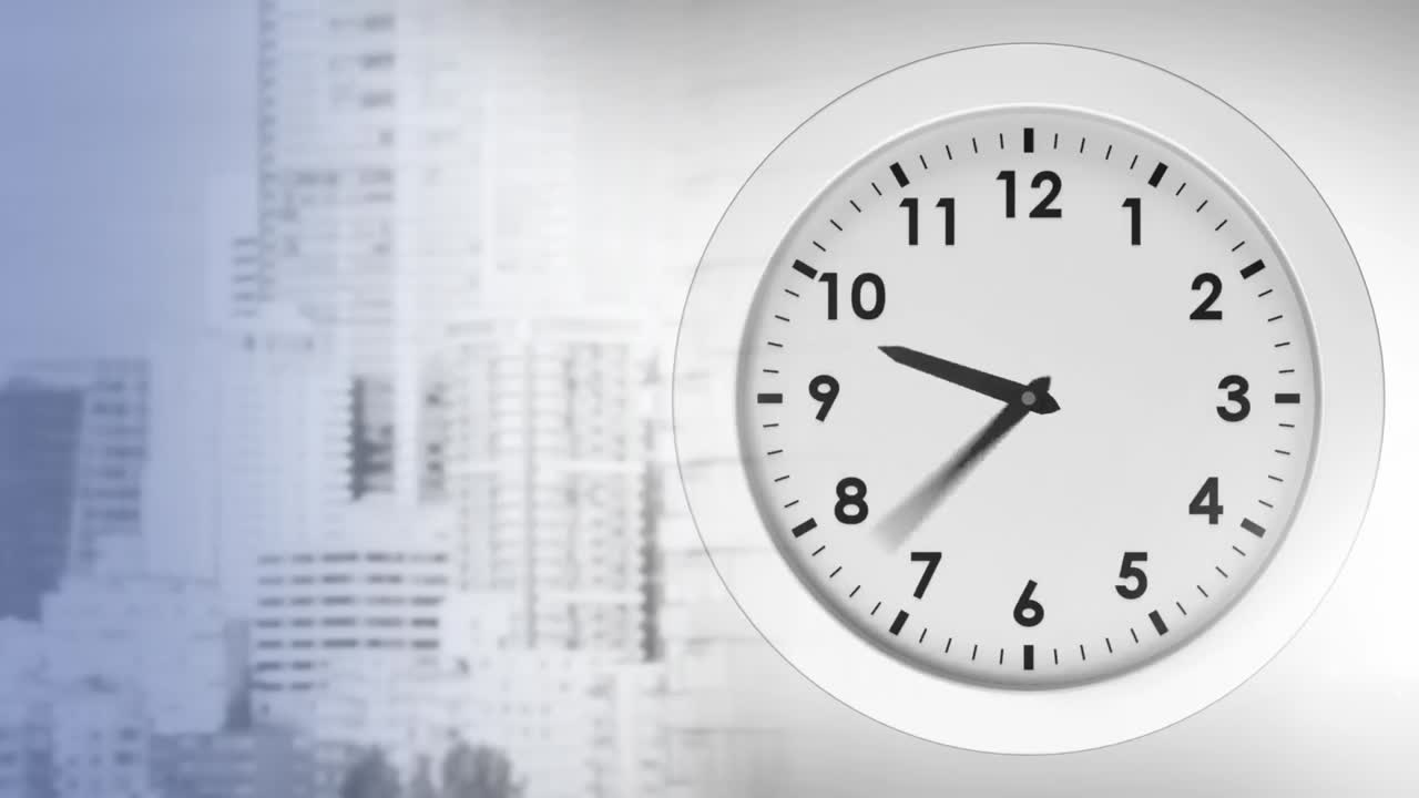 animación de un reloj que se mueve sobre el paisaje urbano