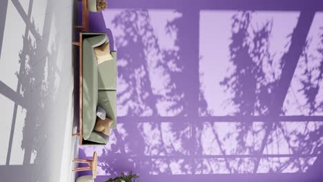 Modernes-Wohnzimmer-In-Einer-Wohnung-Mit-Couch,-Schatten-Von-Wolken,-Die-Sich-Durch-Eine-Sanfte-Sommerbrise-An-Der-Wand-Bewegen,-Rendering-Animation,-Architektur,-Innenarchitektur-Konzept,-Intelligente-Arbeit