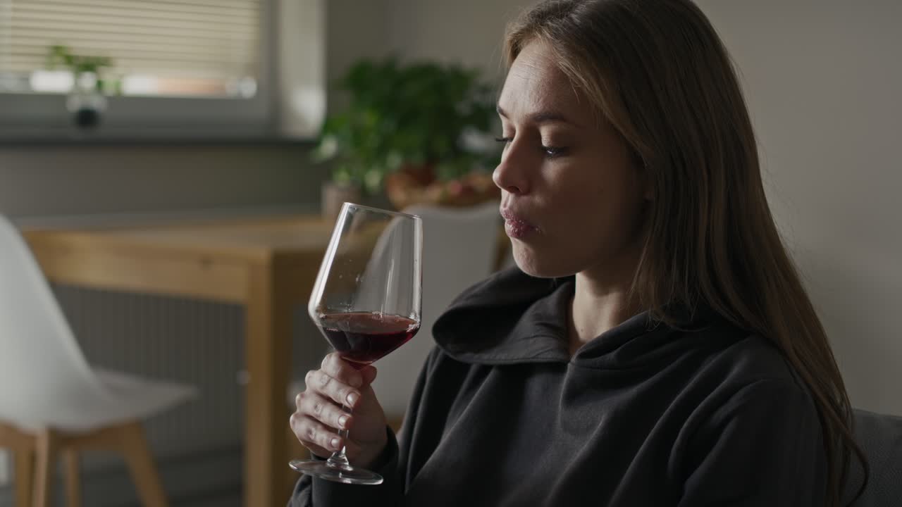 Sad caucasian woman with problems drinking red wine at home.