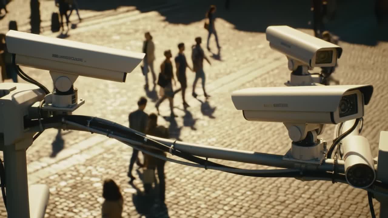 Surveillance Cameras Overlooking a Bustling City Square, Capturing the Movement of Pedestrians and Enhancing Urban Security in a Dynamic Environment