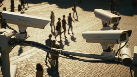 surveillance cameras overlooking a bustling city square, capturing the movement of pedestrians and enhancing urban security in a dynamic environment