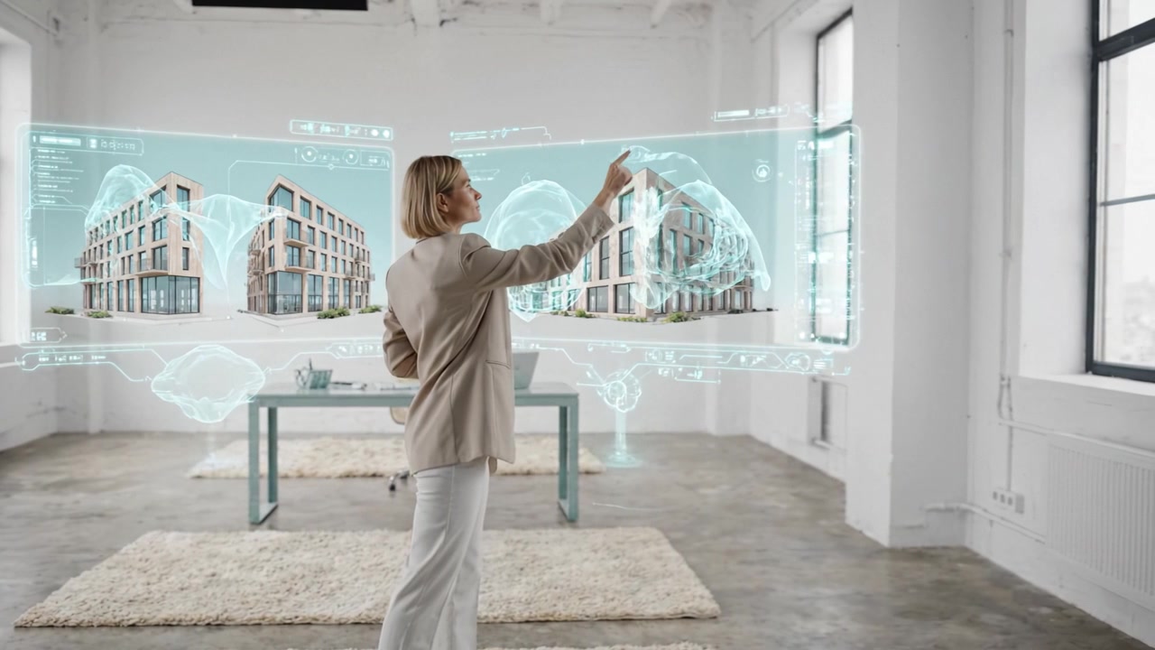 A Captivating Look at Real Estate Visualization: A Professional Engaged with 3D Architectural Models in a Modern Workspace Setting