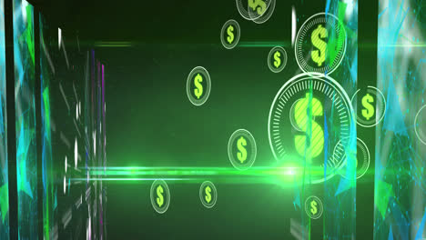 animation of dollars in circles over shapes on green background with lights