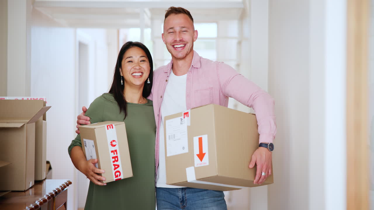 Couple, boxes and happy for real estate