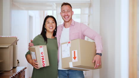 couple, boxes and happy for real estate