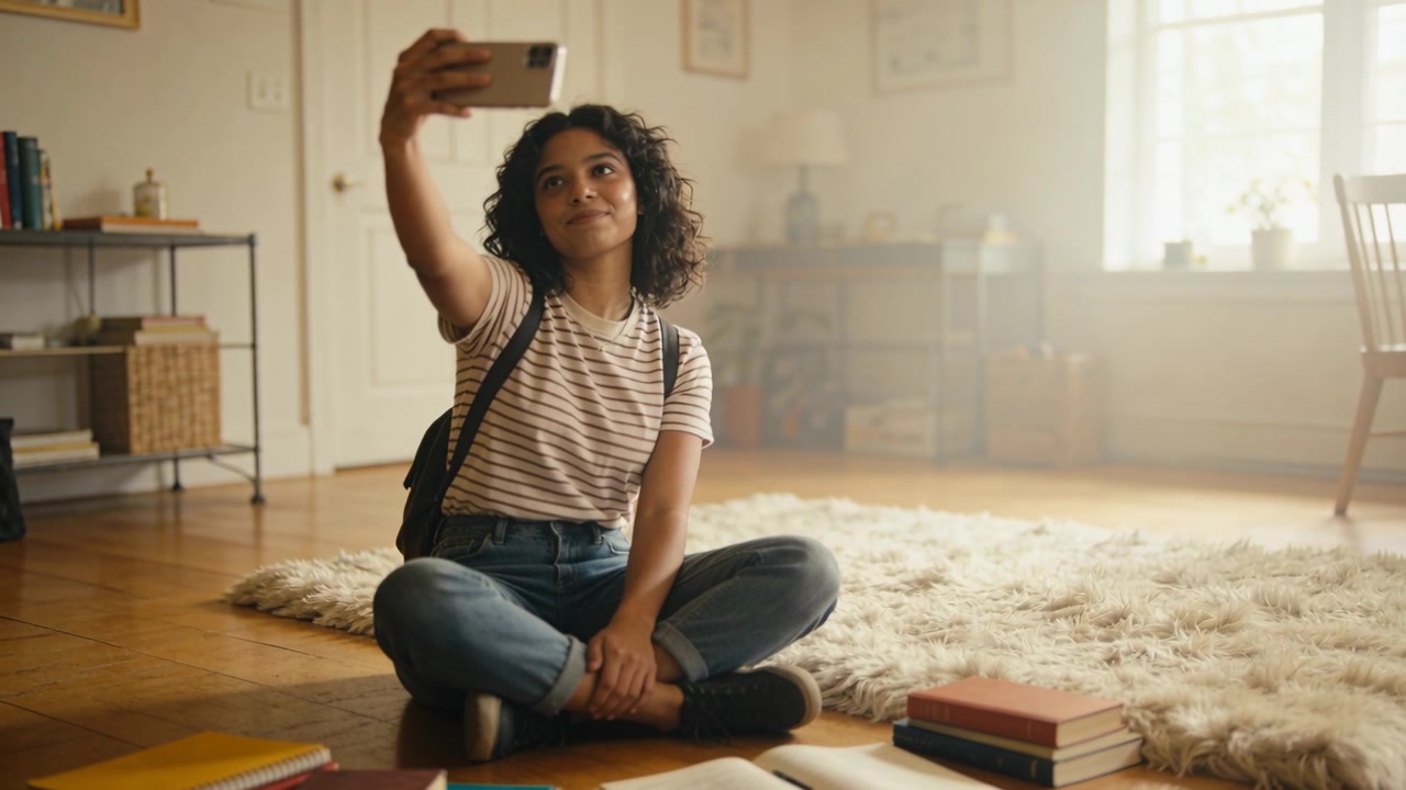 Lifting phone, teen in striped tee, jeans adjusting angle, taking selfie in living room with books