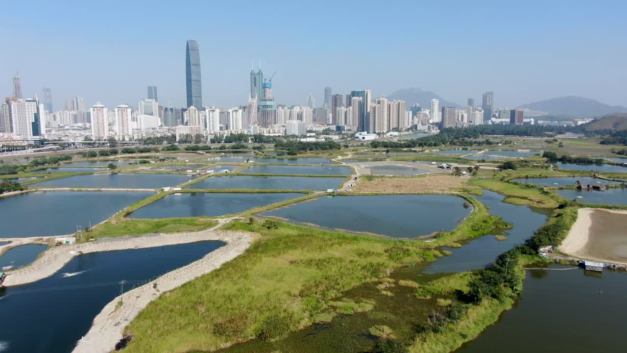 skyline di shenzhen, cina continentale vista dall'area del villaggio di hong kong lok ma chau