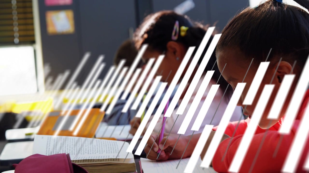 Three students writing in class, diagonal overlay shifting, zooming to highlight right pupil's work