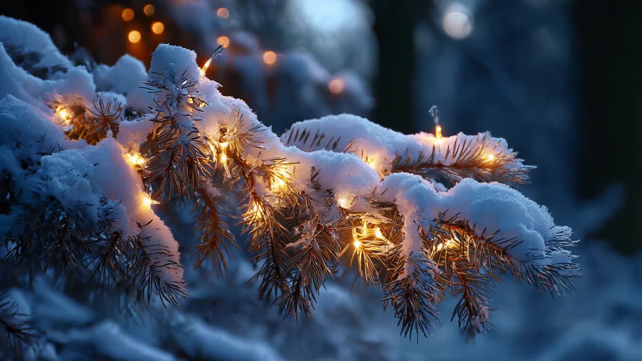 A Beautiful Winter Scene Featuring Snow-Covered Pine Branches Adorned with Glowing Lights, Casting a Warm Glow Against a Cold, Blue-Toned Winter Landscape of Serenity and Tranquility
