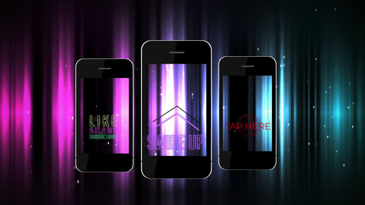 animación de tres pantallas de teléfonos inteligentes que muestran las palabras deslizar hacia arriba, tocar aquí y como