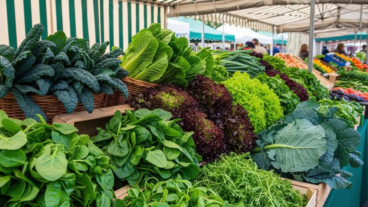 Vibrant Greenery: A Bountiful Display of Fresh Vegetables at an Outdoor Market Stalls Featuring Leafy Greens, Lush Herbs, and Colorful Produce from Local Farmers