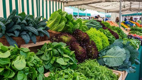 vibrant greenery: a bountiful display of fresh vegetables at an outdoor market stalls featuring leafy greens, lush herbs, and colorful produce from local farmers
