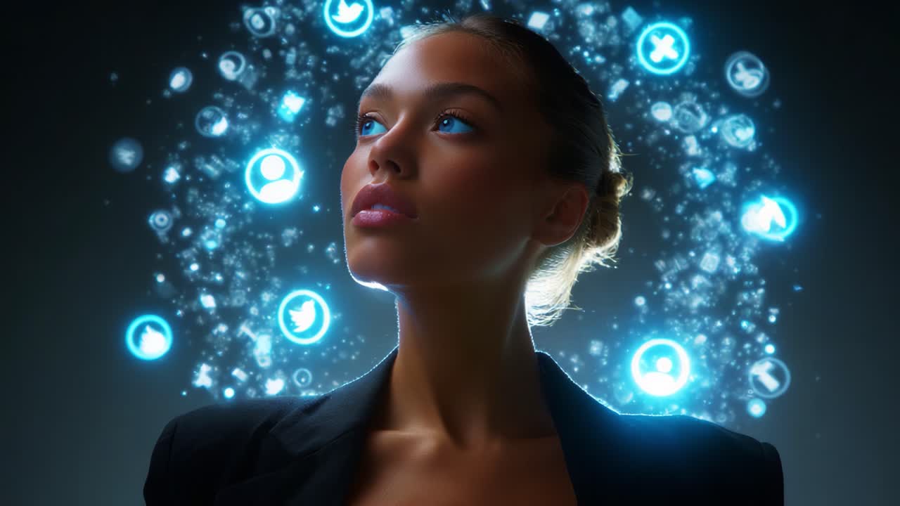 A captivating portrayal of a thoughtful young woman gazing upward, surrounded by an array of glowing social media icons that symbolize communication, connection, and the influence of digital technology in our lives