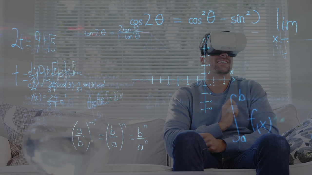 animación de dibujos matemáticos y ecuaciones sobre el hombre que usa auriculares vr