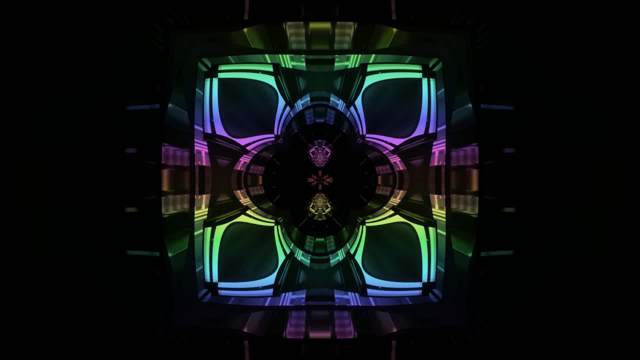 A psychedelic tunnel filled with neon lights and vibrant patterns. The tunnel creates a loop effect that can be used for video backgrounds or performances