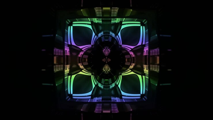 A psychedelic tunnel filled with neon lights and vibrant patterns. The tunnel creates a loop effect that can be used for video backgrounds or performances