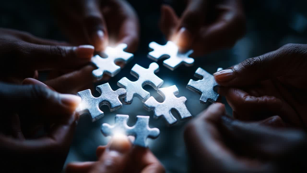 A Collaborative Effort: Hands Coming Together to Connect Puzzle Pieces, Symbolizing Unity, Teamwork, and Problem Solving in a Creative and Engaging Way