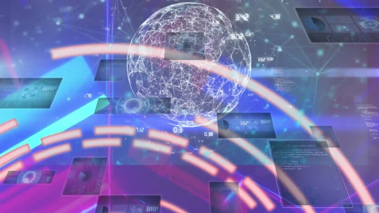 Animazione di fasci di luce neon astratti, elaborazione di dati infografici su interfaccia digitale.