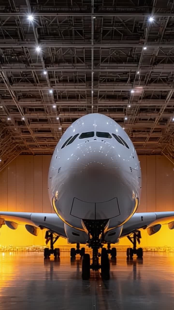 Una vista ravvicinata della silhouette di un aereo moderno illuminata da luci calde all'interno di un ampio hangar, che mostra il suo design elegante e la meraviglia ingegneristica sotto soffitti luminosi.
