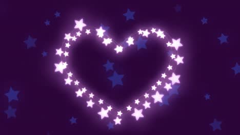 animation of heart shape of glowing pink stars twinkling on dark background with blue stars